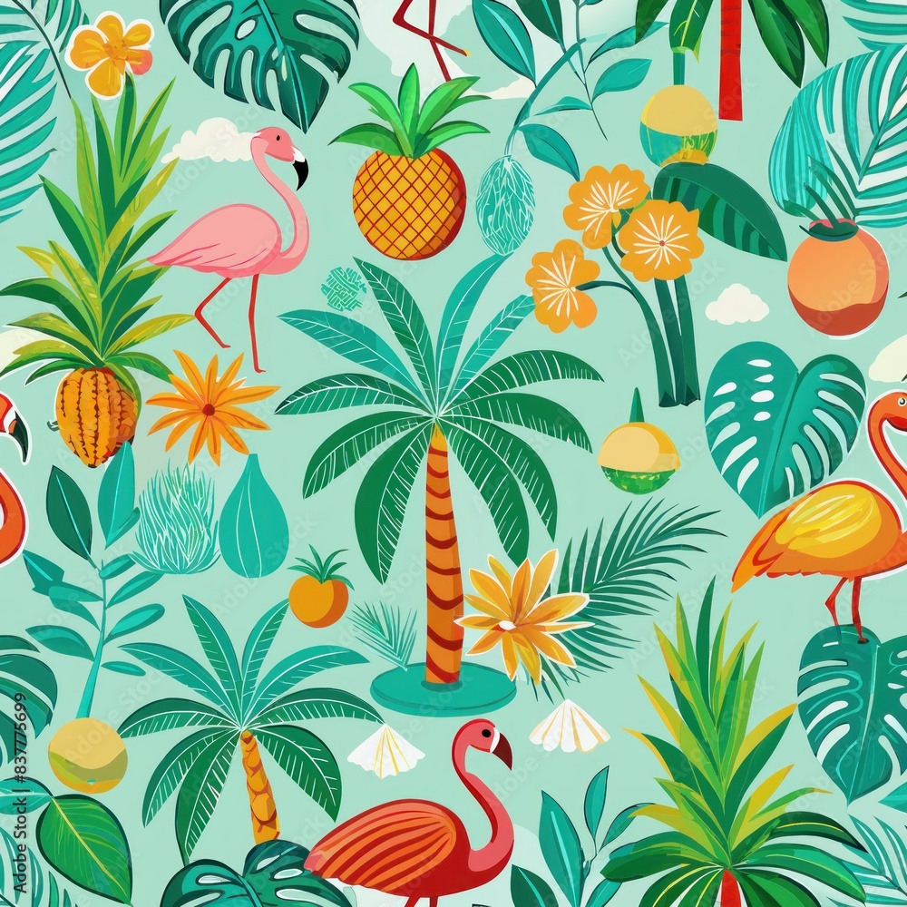 Seamless pattern of retro-inspired tropical motifs like palm trees, flamingos, and pineapples in vibrant hues, Generative AI Seamless pattern of retro-inspired tropical motifs like palm trees, flamingos, and pineapples in vibrant hues, Generative AI