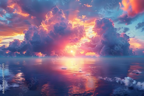 Dramatic Sunset Over Ocean - Vibrant Cloudscape and Tranquil Seascape Perfect for Wall Art  Posters  and Backgrounds