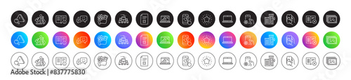 Heart rating, Happy emotion and Buying house line icons. Round icon gradient buttons. Pack of Search app, Notebook, Attention icon. Star, Reject book, Loan house pictogram. Vector