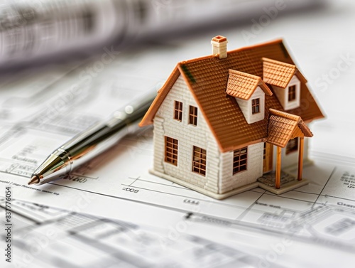 Real Photo of a Small Model House on a Blueprint: Accompanied by a Ballpoint Pen and Contract on a White Table in Stock Image Style