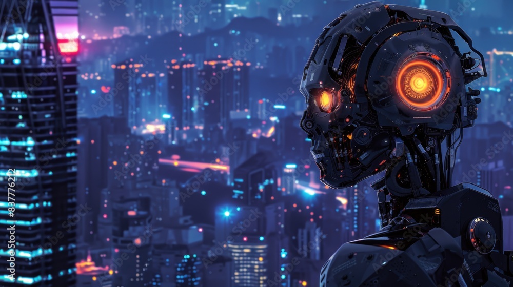 Fototapeta premium Cyberpunk robot with glowing eye majestically standing in front of night glowing metropolis.