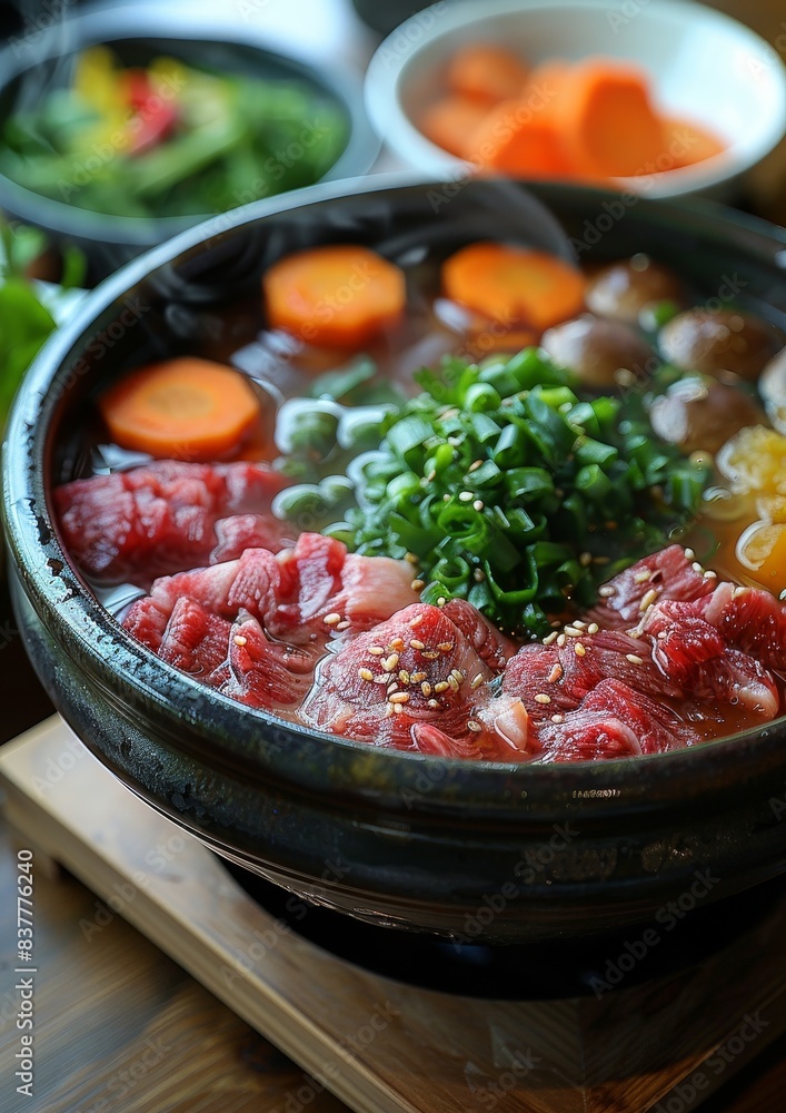 Shabu-Shabu - Thin slices of beef and vegetables cooked in a pot of boiling water and served with dipping sauces Shabu-Shabu - Thin slices of beef and vegetables cooked in a pot of boiling water and served with dipping sauces