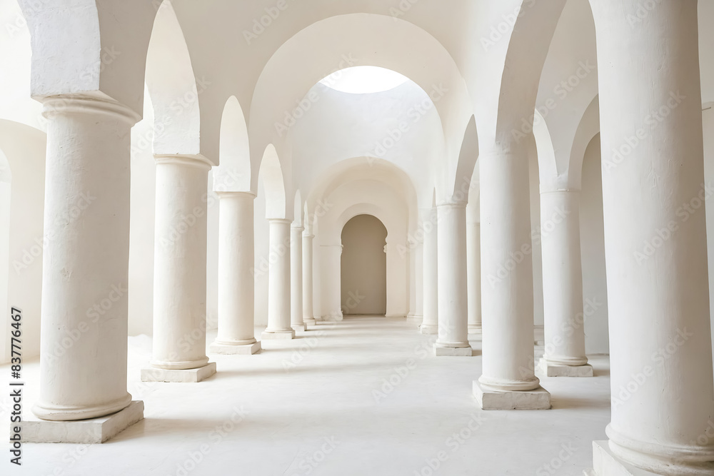 White pillars in an arched hallway White pillars in an arched hallway