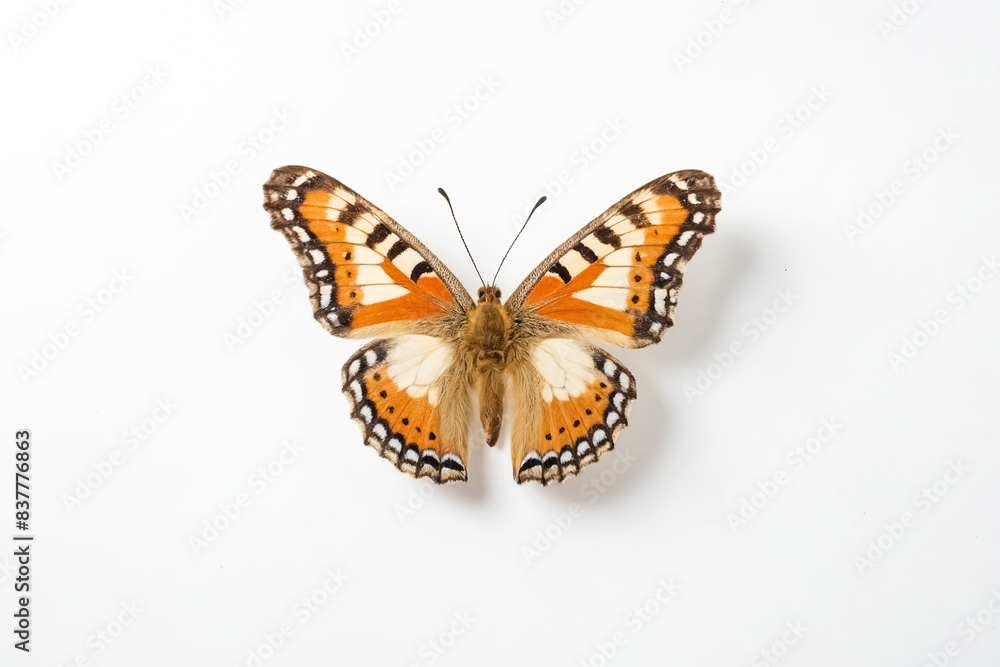 Obraz premium Orange and Black Butterfly with White Spots on White Background