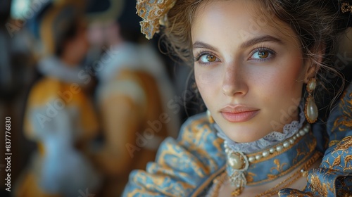Portrait of a regal woman adorned in a luxurious blue and gold dress. photo