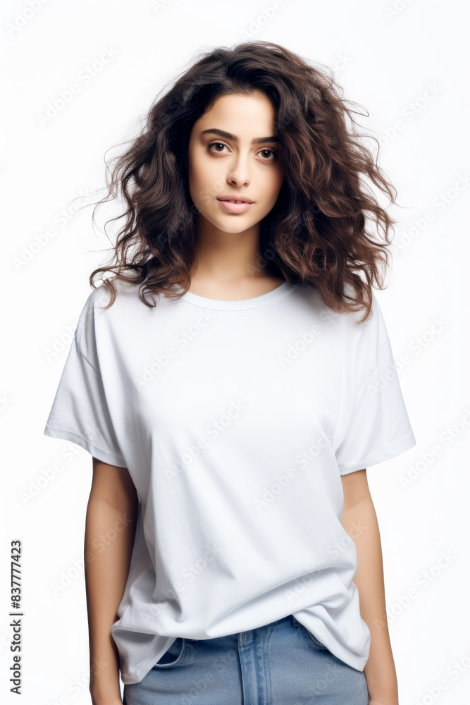 Latin american latina woman wearing plain pure white blank oversized crew neck loose t-shirt isolated on white background Latin american latina woman wearing plain pure white blank oversized crew neck loose t-shirt isolated on white background