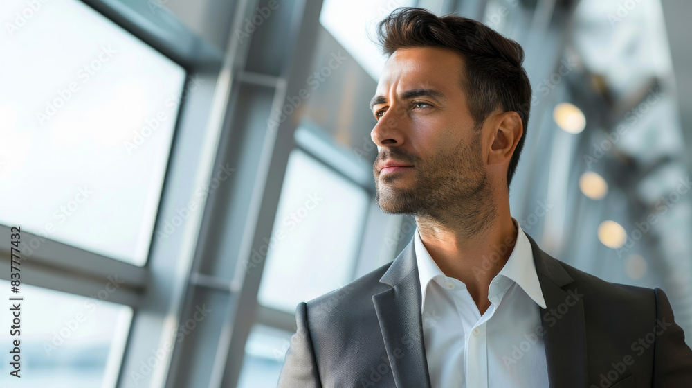 Fototapeta premium Latino latin American businessman on business trip in a transportation hub such as an airport showcasing resilience and adaptability, the man dedication to his professional responsibilities