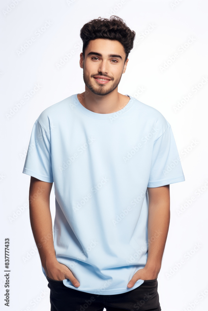 Latin american latino man wearing plain pure light blue blank oversized crew neck loose t-shirt isolated on white background Latin american latino man wearing plain pure light blue blank oversized crew neck loose t-shirt isolated on white background