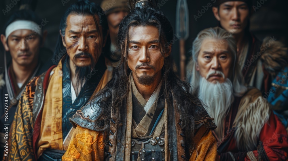 Group of Asian warriors in traditional attire, with intense expressions and detailed armor. Historical context. Group of Asian warriors in traditional attire, with intense expressions and detailed armor. Historical context.