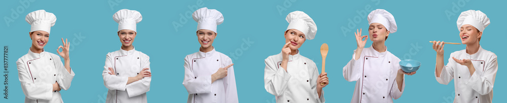 Collage with photos of professional chef on light blue background Collage with photos of professional chef on light blue background