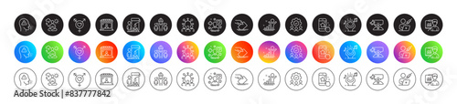 Genders, Teamwork and Vaccination appointment line icons. Round icon gradient buttons. Pack of Cough, Painter, Patient icon. Presentation, Yoga, Market seller pictogram. Vector