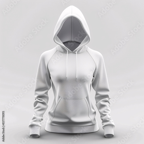 A white hooded sweatshirt with a hood pulled up