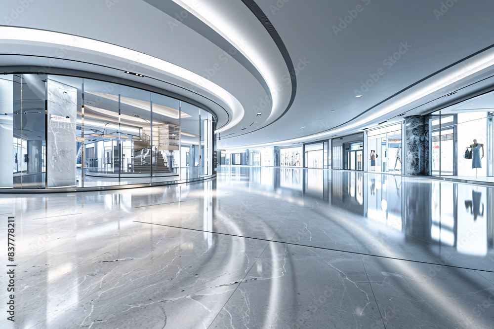 A large, empty shopping mall with a lot of glass windows A large, empty shopping mall with a lot of glass windows
