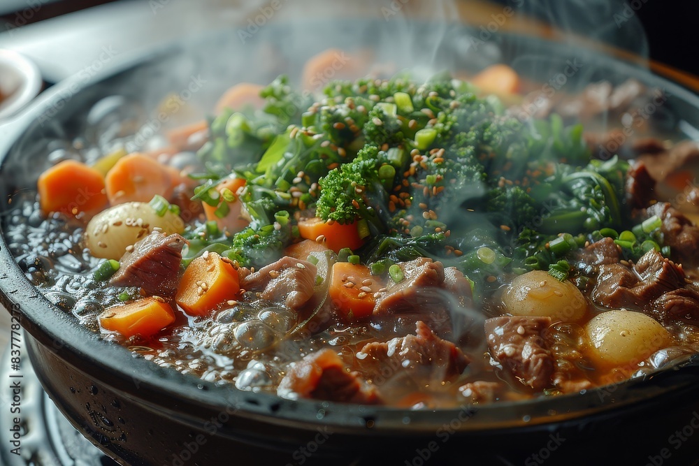 Shabu-Shabu - Thin slices of beef and vegetables cooked in a pot of boiling water and served with dipping sauces Shabu-Shabu - Thin slices of beef and vegetables cooked in a pot of boiling water and served with dipping sauces