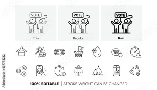 Auction hammer, 5g wifi and Voting campaign line icons. Pack of Group, Timer, Teamwork icon. Freezing water, Shield, Quick tips pictogram. Attention, Cyber attack, Mobile finance. Get boxGears. Vector