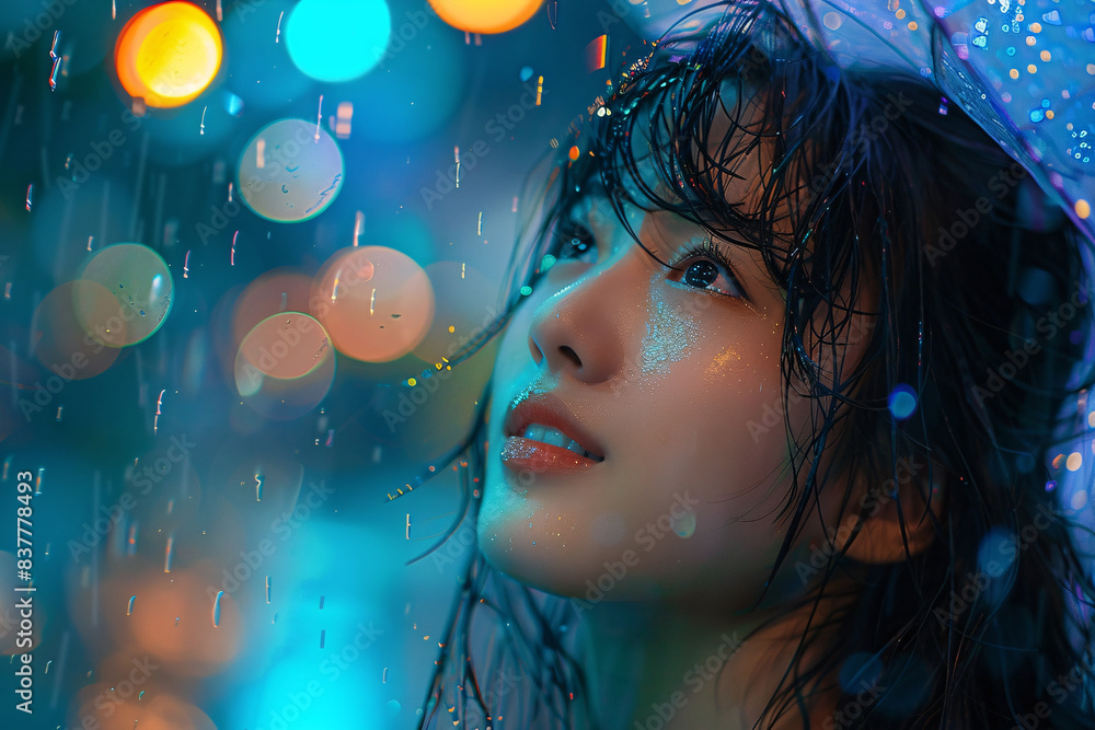 A woman with wet hair is standing under an umbrella A woman with wet hair is standing under an umbrella