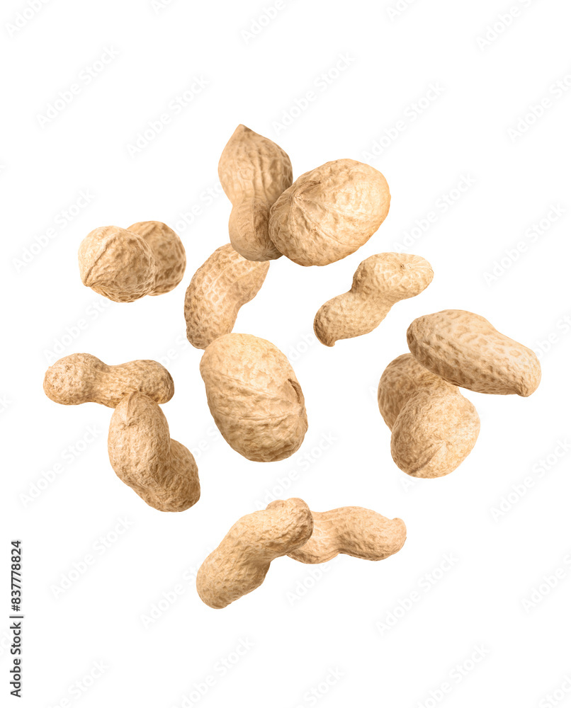 Unpeeled peanuts in air on white background Unpeeled peanuts in air on white background