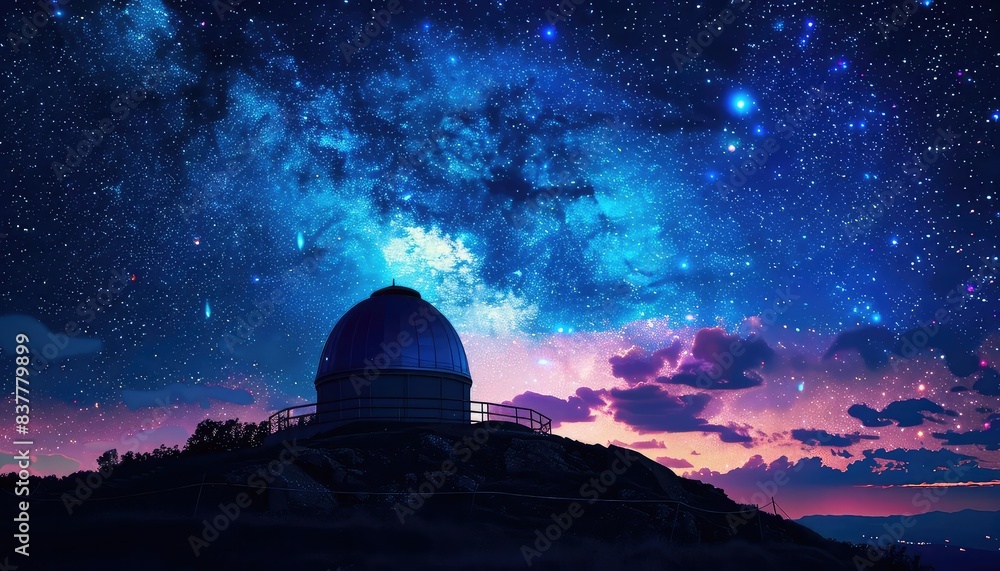 Observatory night lights, close up, focus on, copy space, vibrant displays, Double exposure silhouette with illuminated dome Observatory night lights, close up, focus on, copy space, vibrant displays, Double exposure silhouette with illuminated dome