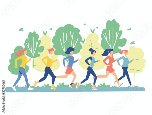 Group diverse people jogging together through park, trees nature, healthy lifestyle, exercise. Women wearing activewear running, outdoor fitness, community, recreational activity. Colorful park