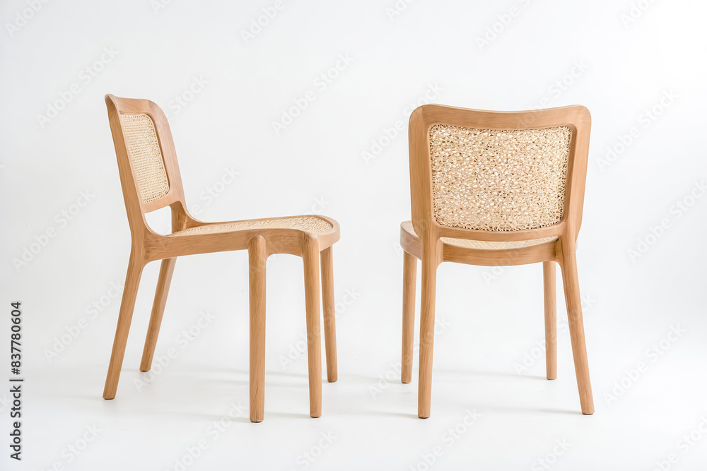 Fototapeta premium Two wooden chairs with wicker backs on a white background