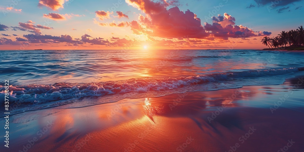 Tourism background with Idyllic Sunset Beach. Tropical Holiday Destination. Tourism background with Idyllic Sunset Beach. Tropical Holiday Destination.