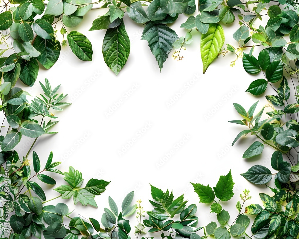 Lush Nature Themed Frame with Organic Leaves and Vines on White Background Lush Nature Themed Frame with Organic Leaves and Vines on White Background