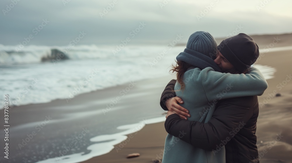 Two individuals sharing an embrace on a sandy beach, with ocean waves and overcast skies in the background Two individuals sharing an embrace on a sandy beach, with ocean waves and overcast skies in the background