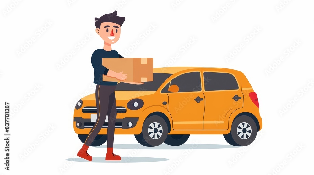 This illustration depicts a cartoon delivery man with an isolated white background and a car. The concept is of a business delivery service. This illustration depicts a cartoon delivery man with an isolated white background and a car. The concept is of a business delivery service.