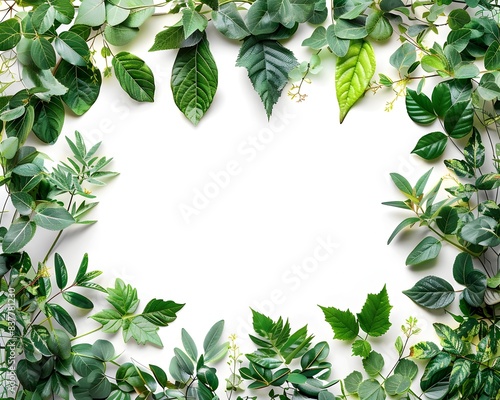 Lush Nature Themed Frame with Organic Leaves and Vines on White Background