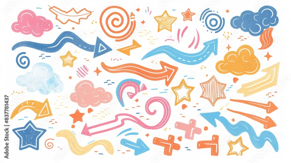 Cartoon modern effect of spiral arrow, curve wave line, check mark, and rotation movement in hand drawn doodles. Abstract spiral arrow or curve wave line, check mark and rotation movement in hand Cartoon modern effect of spiral arrow, curve wave line, check mark, and rotation movement in hand drawn doodles. Abstract spiral arrow or curve wave line, check mark and rotation movement in hand