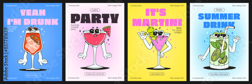 Trendy set of posters with retro groovy cocktail characters. Summer drinks, party invitation, concept for bar menu. Vector illustration.
