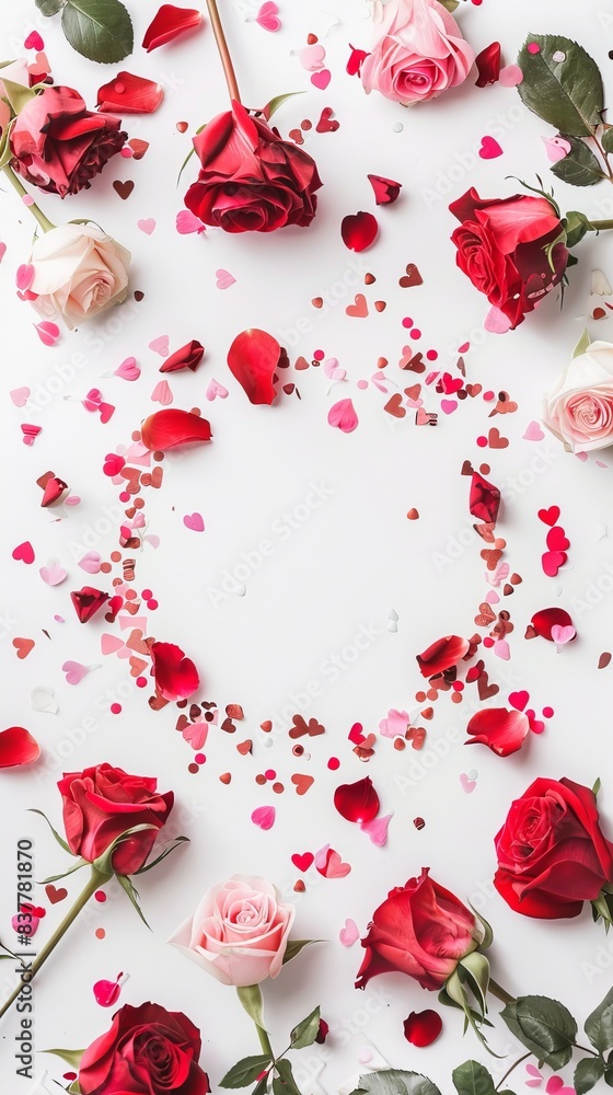 Top view Valentine's Day concept. Flowers composition and round frame made of rose flowers and confetti on white background with copy space. Top view Valentine's Day concept. Flowers composition and round frame made of rose flowers and confetti on white background with copy space.