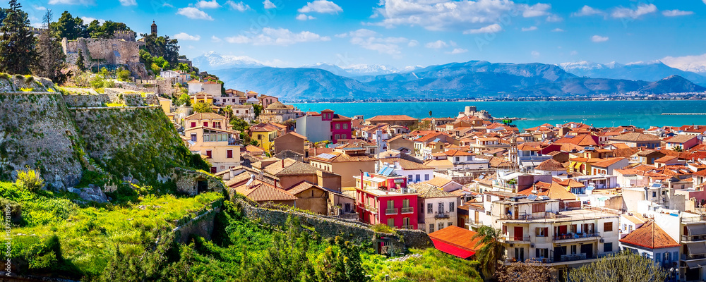 Fototapeta premium Nafplio, Greece aerial view and snow mountains