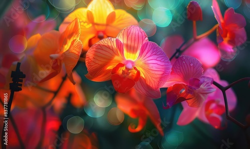 Orchid collection, intricate petals, greenhouse atmosphere close up, focus on, copy space, colorful and detailed, Double exposure silhouette with orchids photo