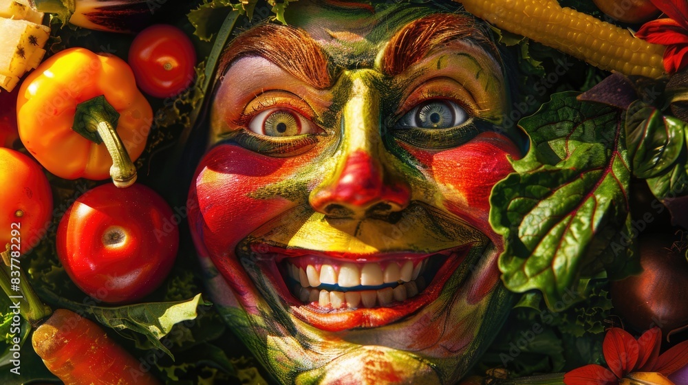 Delicious Face with Sunlit Smile and Vegetables Delicious Face with Sunlit Smile and Vegetables