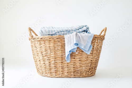 Wicker Laundry Basket with Blue Striped Towels