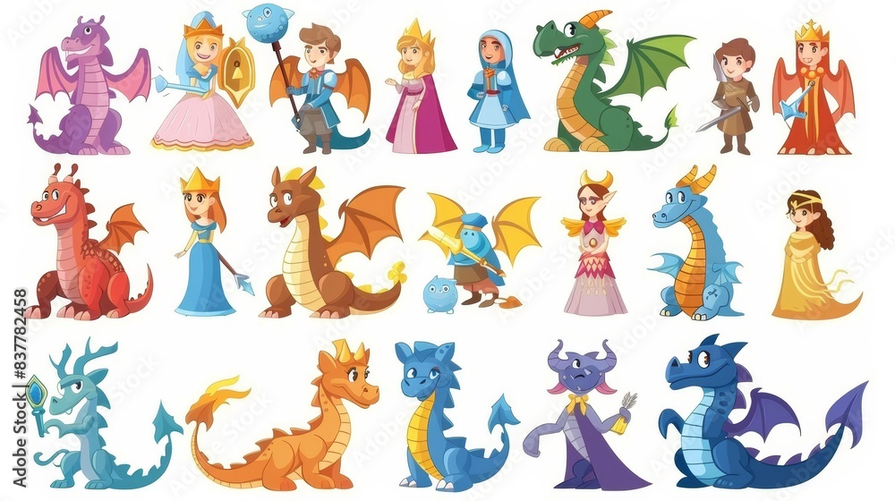 Fantasy knight and dragon, prince and princess, magic world queen and king isolated cartoon modern set.