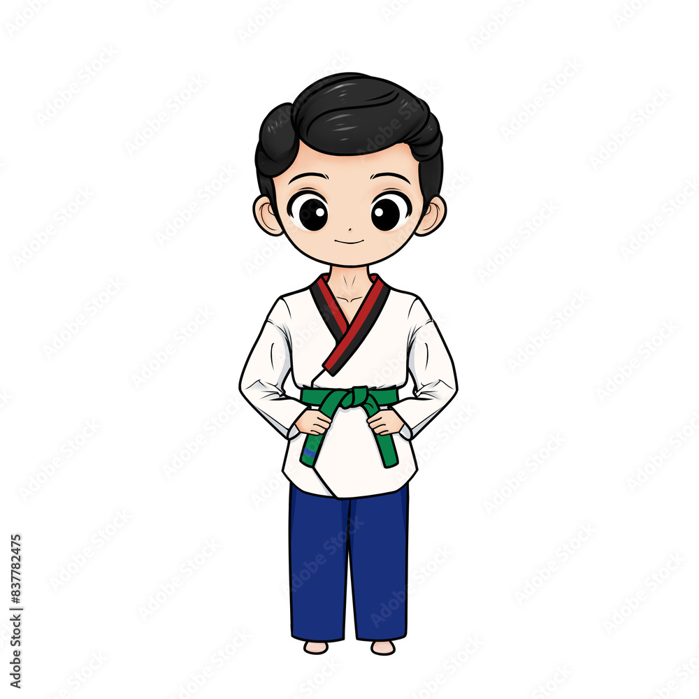 Illustration boy wearing taekwondo uniform with green and blue stripe belt on transparent background Illustration boy wearing taekwondo uniform with green and blue stripe belt on transparent background