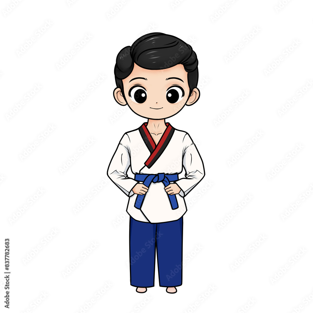 Illustration boy wearing taekwondo uniform with blue belt on transparent background Illustration boy wearing taekwondo uniform with blue belt on transparent background