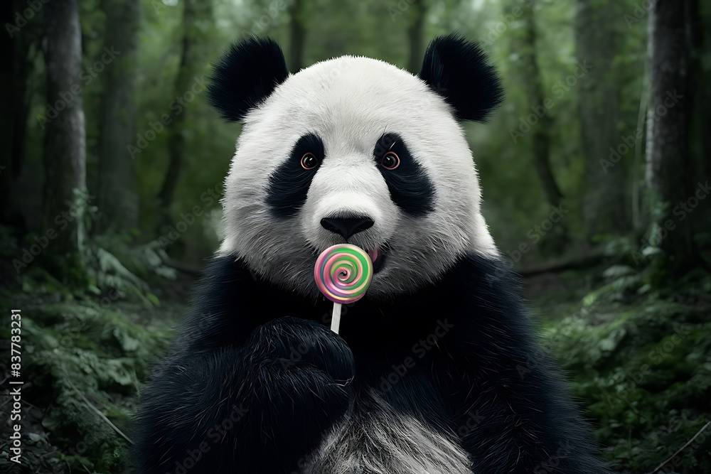 Obraz premium giant panda eating loolypop