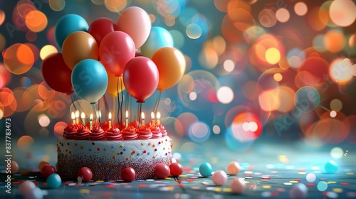 Colorful birthday cake with candles and balloons on a festive background, perfect for celebrations and party themes.