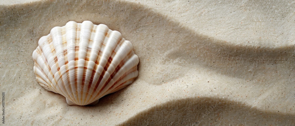 A simple yet striking image of a single white seashell placed on a sandy background. The seashell's detailed ridges and curves are highlighted, contrasting beautifully with the soft, textured sand. A simple yet striking image of a single white seashell placed on a sandy background. The seashell's detailed ridges and curves are highlighted, contrasting beautifully with the soft, textured sand.