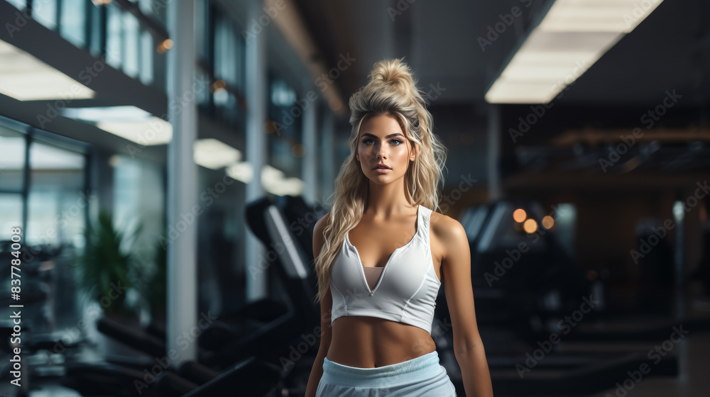 Medium shot of a caucasian young Woman with long wild blond hair and a white fitness top with a side lighting inside a blurry gym club Medium shot of a caucasian young Woman with long wild blond hair and a white fitness top with a side lighting inside a blurry gym club