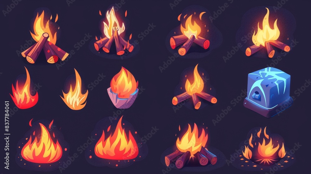 Fire flames, fireball, heat wildfire and red hot bonfire isolated modern illustration set. Animated form and square, fireball and flame. Fire flames, fireball, heat wildfire and red hot bonfire isolated modern illustration set. Animated form and square, fireball and flame.