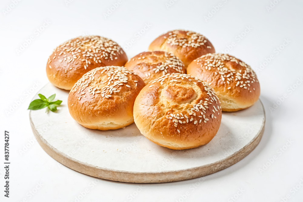 Freshly Baked Sesame Seed Buns on a White Plate Freshly Baked Sesame Seed Buns on a White Plate