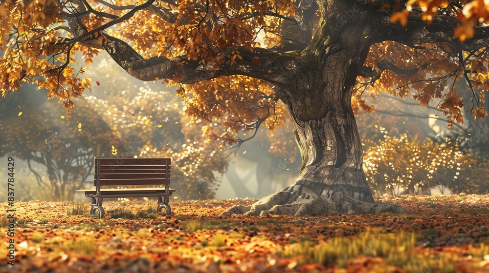 Tranquil Park Bench Under Autumn Oak Tree Tranquil Park Bench Under Autumn Oak Tree