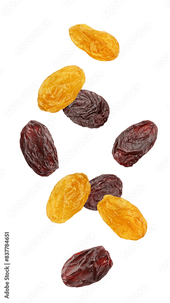 Falling Raisin isolated on white background, full depth of field Falling Raisin isolated on white background, full depth of field
