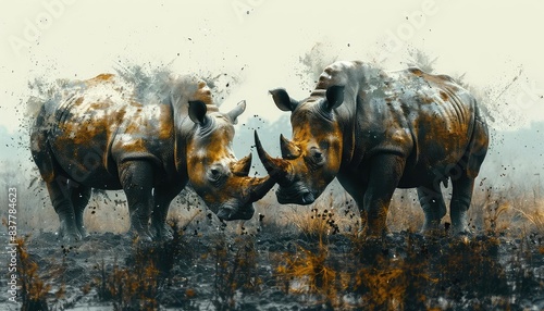 Rhinoceroses in wildlife sanctuary, muddy terrain, protective posture close up, focus on, copy space Double exposure silhouette with rugged land