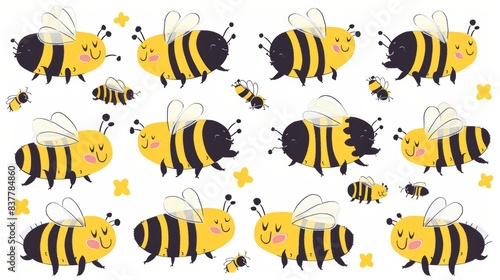 Modern set of cute bee cartoons and dot lines isolated on white background.