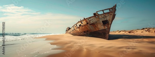 Ancient shipwreck partially buried in the sand on a deserted beach generated by AI photo